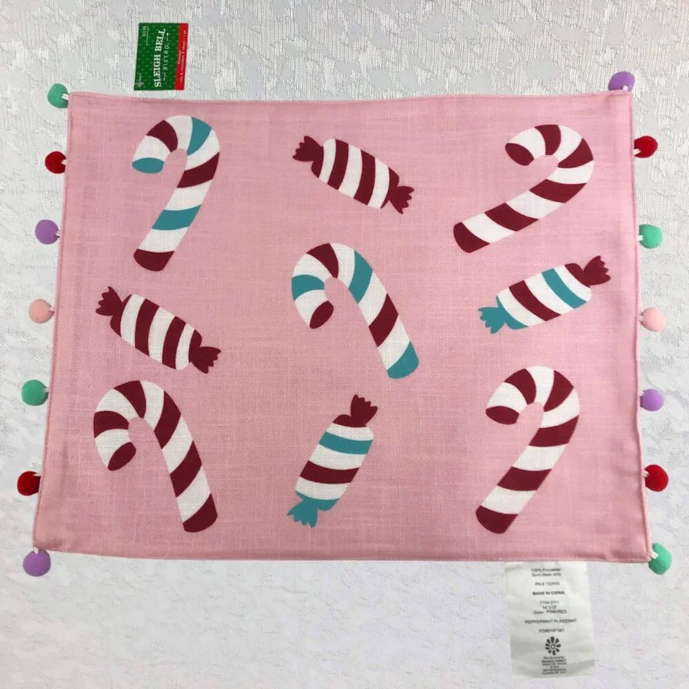 Sleigh Bell Bistro Pink Peppermint Placemats w/ Multicolor Pom-Poms Set of 4 NWT
